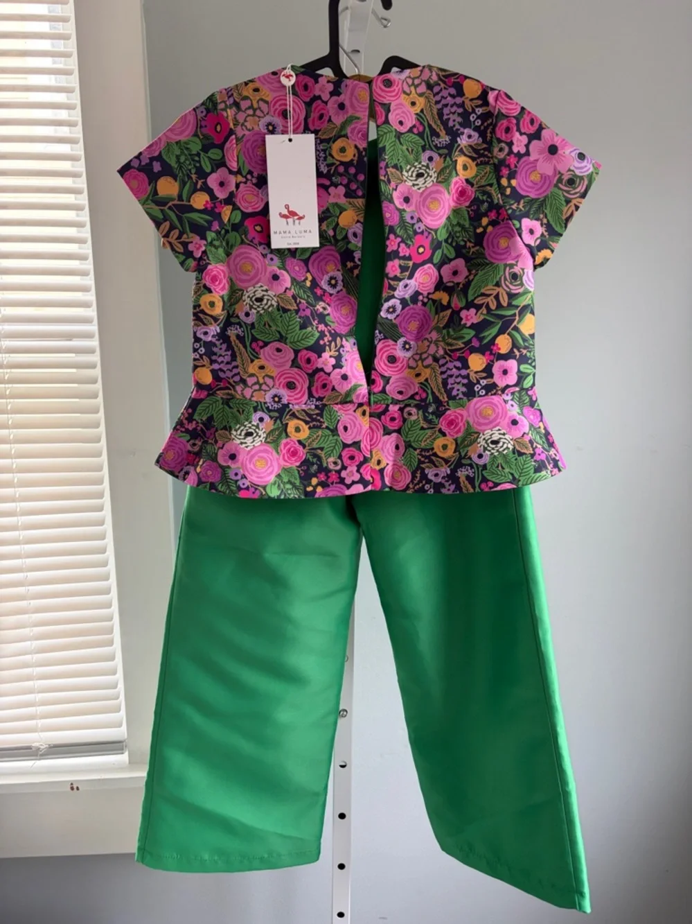 Mama luma girls boutique Green Floral Peplum Top with Matching Wide-Leg Pants